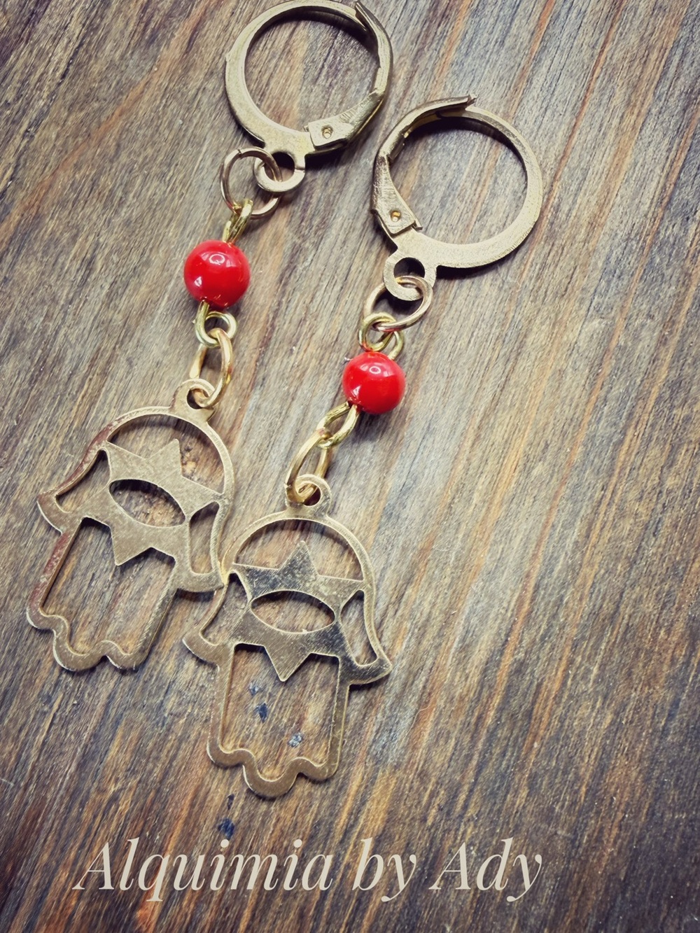 Coral 🪸 Gold Hamsa earrings with Red Bead Accent
